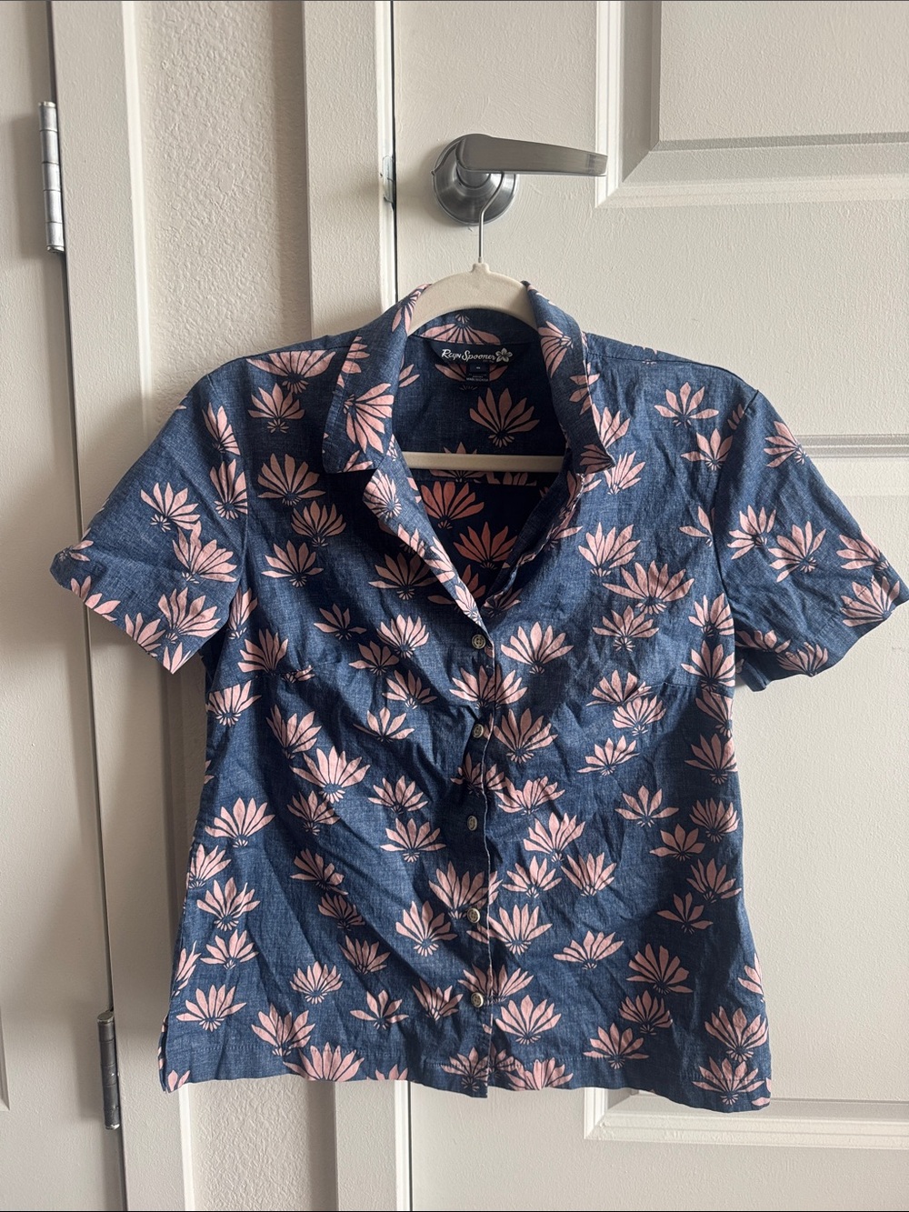Blue Floral Button-Up Shirt with Pink Print